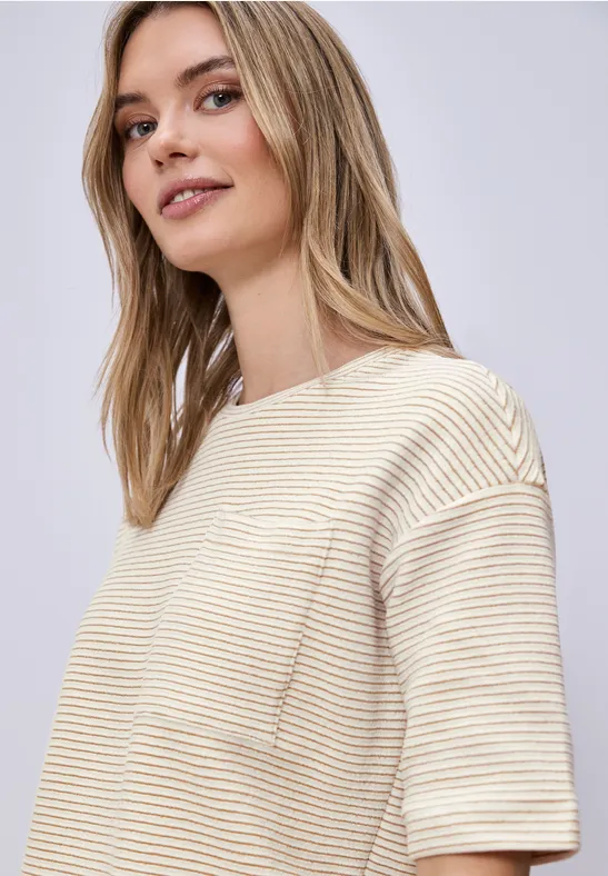 Street One Frauen Kurzarmshirt mit Strukturstreifen in Beige, Gr: 46