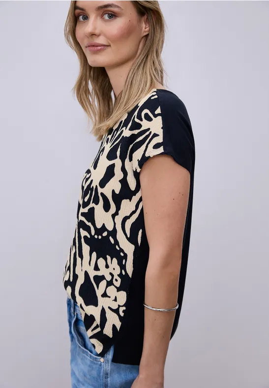 Street One Frauen T-Shirt mit Split Neck und Frontprint in Multicolour|Blau, Gr: 46