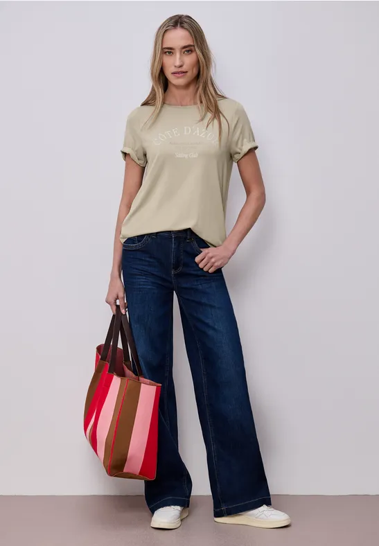 Street One Frauen T-Shirt mit Rundhals und Wording in Beige, Gr: 36