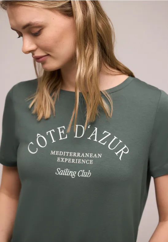 Street One Frauen T-Shirt mit Rundhals und Wording in Grün, Gr: 38