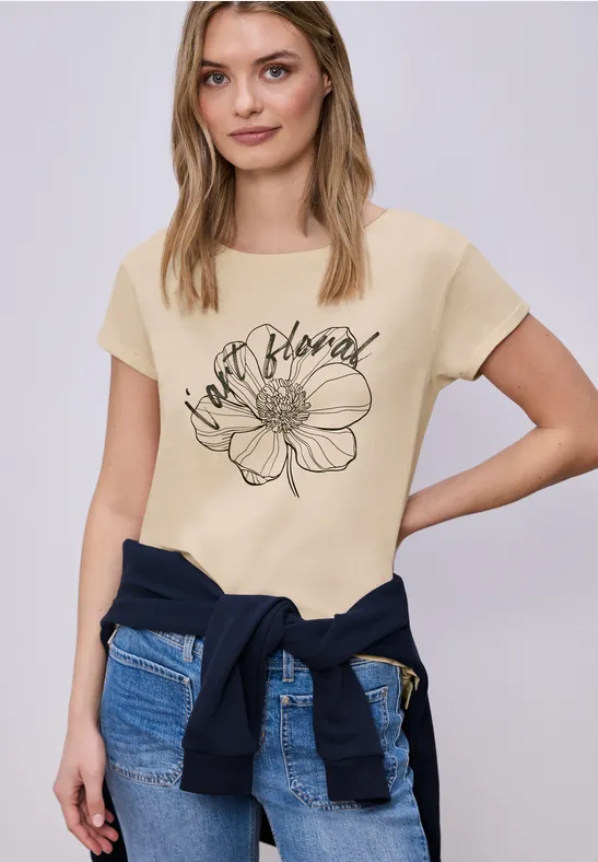 Street One Frauen Kurzarm Shirt mit floralem Artwork in Beige, Gr: 40