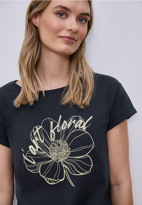 Street One Frauen Kurzarm Shirt mit floralem Artwork in Blau, Gr: 40
