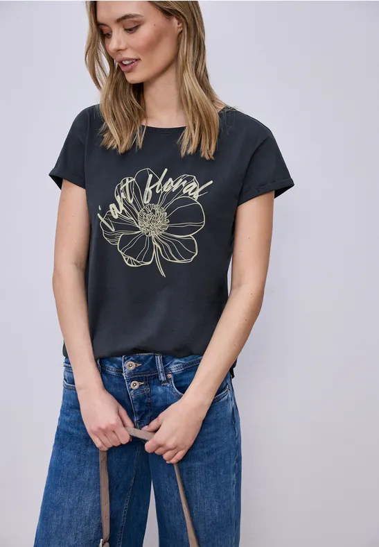 Street One Frauen Kurzarm Shirt mit floralem Artwork in Blau, Gr: 34