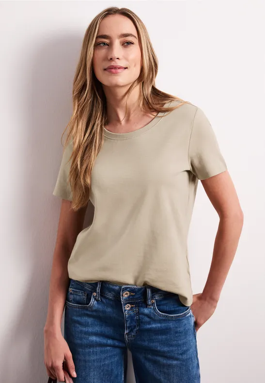 Street One Frauen Basic T-Shirt aus reiner Baumwolle in Beige, Gr: 40