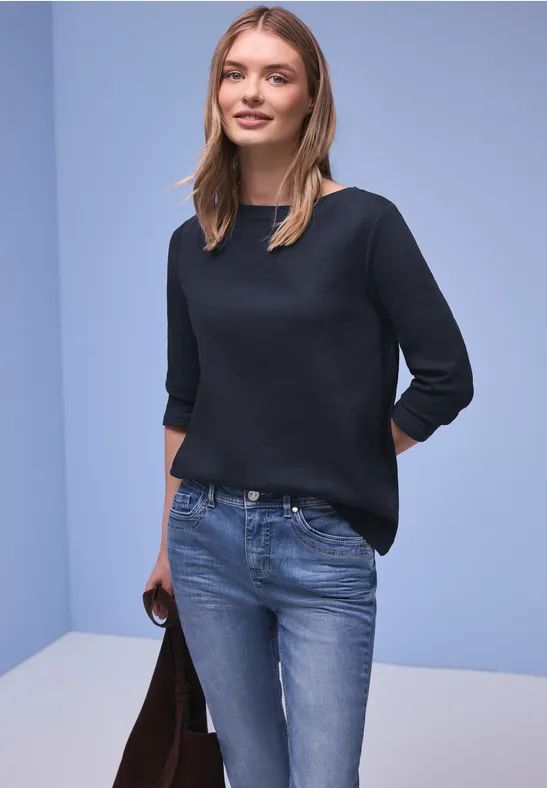 Thumbnail - Street One Frauen Basic Shirt aus reiner Baumwolle in Blau, Gr: 40