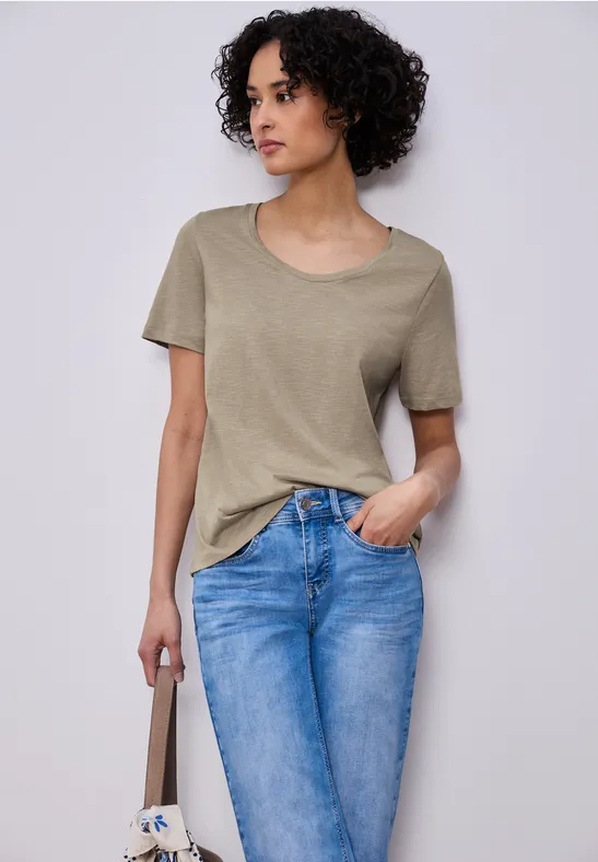 Thumbnail - Street One Frauen Basic T-Shirt mit V-Neck in Beige, Gr: 38