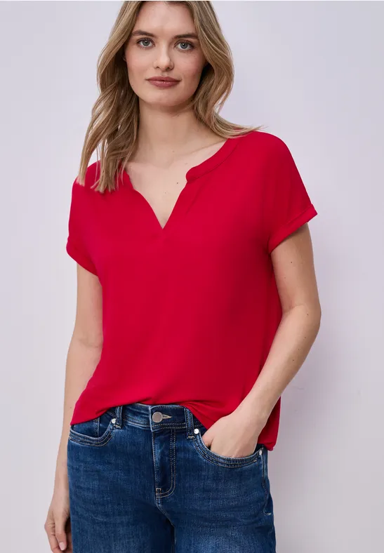 T-Shirt mit Split Neck und Elastiksaum Rot
