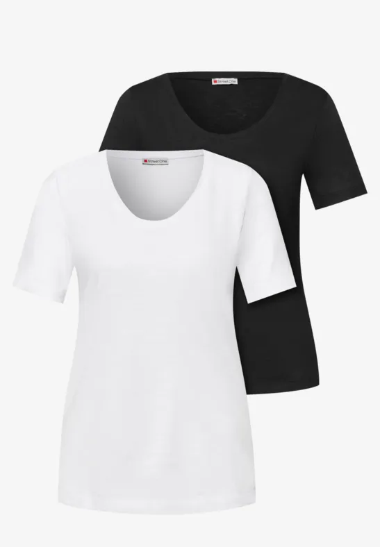 Thumbnail - Street One Frauen Basic T-Shirt mit Kurzarm im 2er-Pack in Multicolour|Weiß|Schwarz, Gr: 34