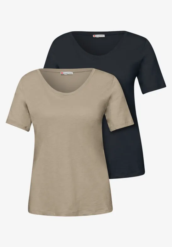Thumbnail - Street One Frauen Basic T-Shirt mit Kurzarm im 2er-Pack in Multicolour|Schwarz|Beige|Blau, Gr: 46