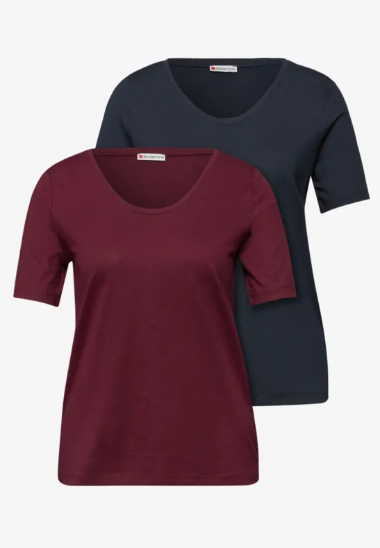 Thumbnail - Street One Frauen Basic T-Shirt mit Kurzarm im 2er-Pack in Multicolour|Blau|Rot, Gr: 34