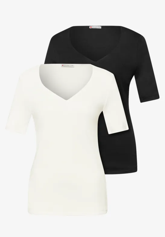 Street One Frauen T-Shirts mit Herzausschnitt im 2er-Pack in Weiß|Schwarz, Gr: 40