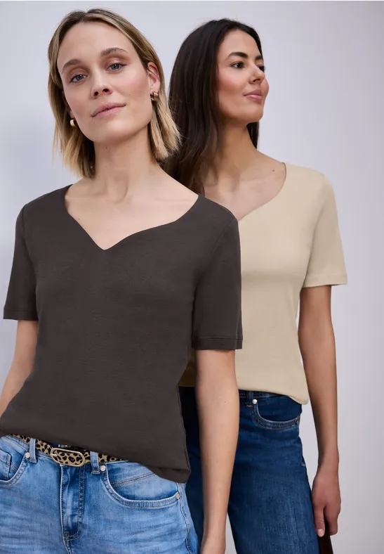 Street One Frauen T-Shirts mit Herzausschnitt im 2er-Pack in Beige|Braun, Gr: 42