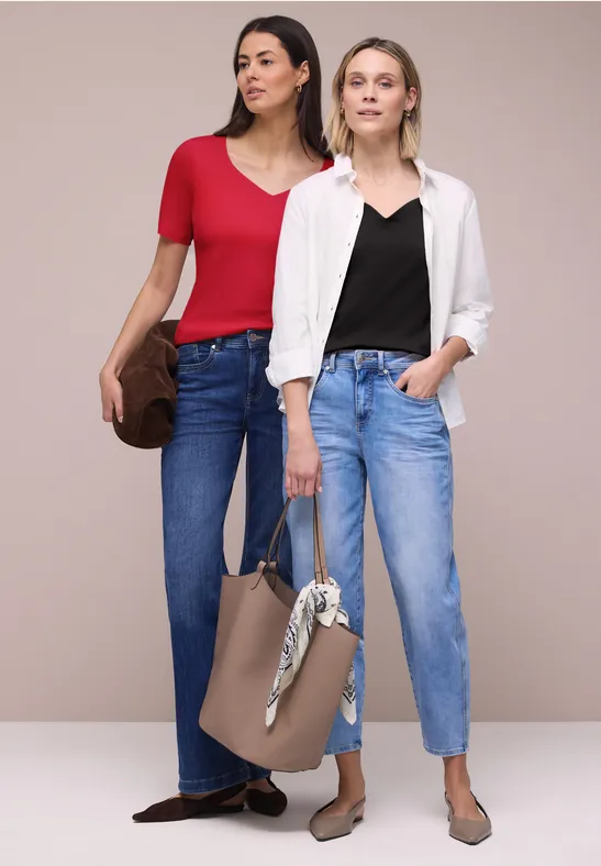 Street One Frauen T-Shirts mit Herzausschnitt im 2er-Pack in Rot|Schwarz, Gr: 36