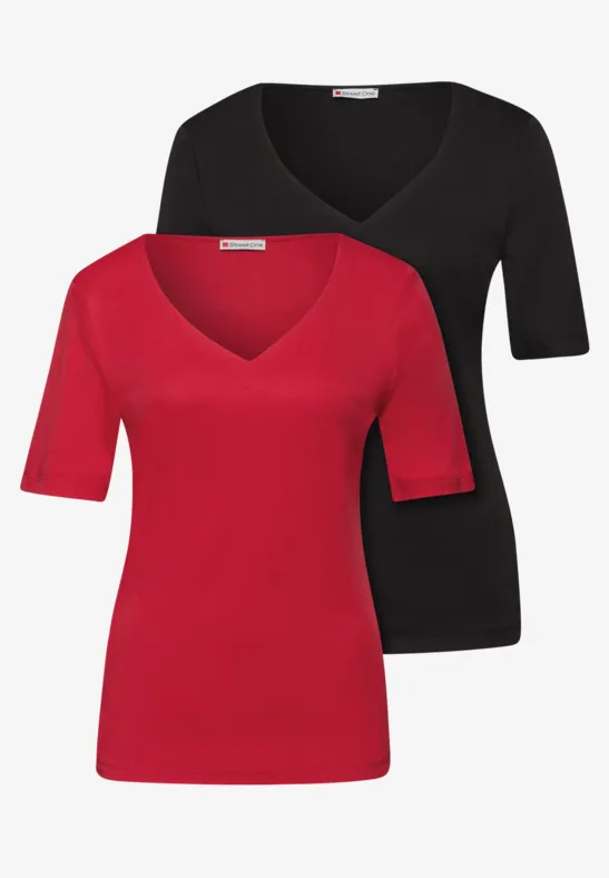 Street One Frauen T-Shirts mit Herzausschnitt im 2er-Pack in Rot|Schwarz, Gr: 46