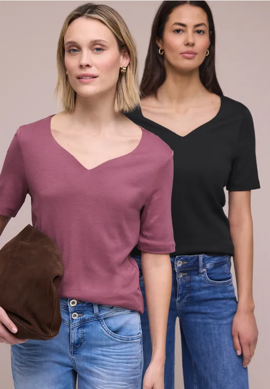 Street One Frauen T-Shirts mit Herzausschnitt im 2er-Pack in Pink|Schwarz, Gr: 34