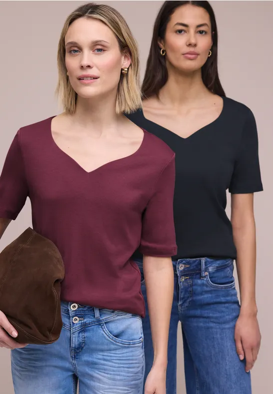 Street One Frauen T-Shirts mit Herzausschnitt im 2er-Pack in Blau|Rot, Gr: 40
