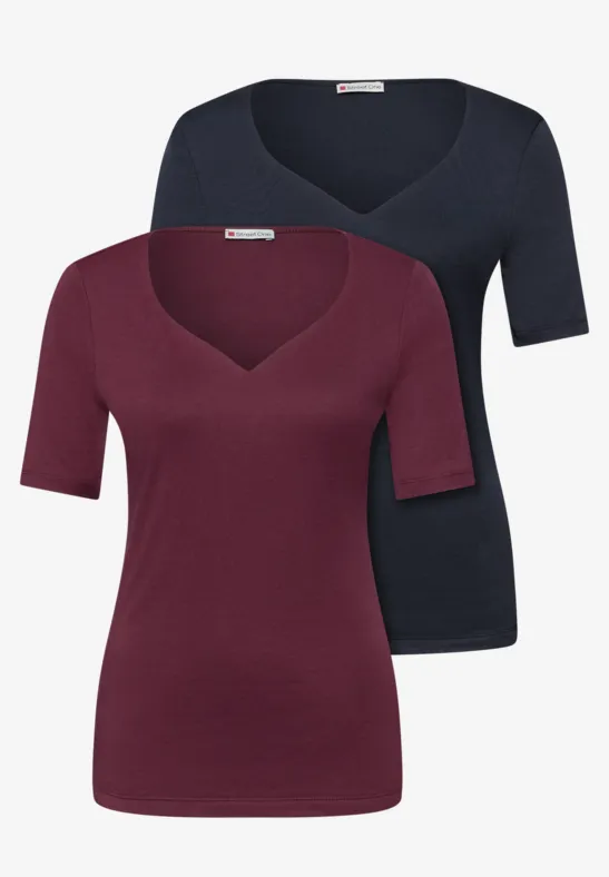 Street One Frauen T-Shirts mit Herzausschnitt im 2er-Pack in Blau|Rot, Gr: 38
