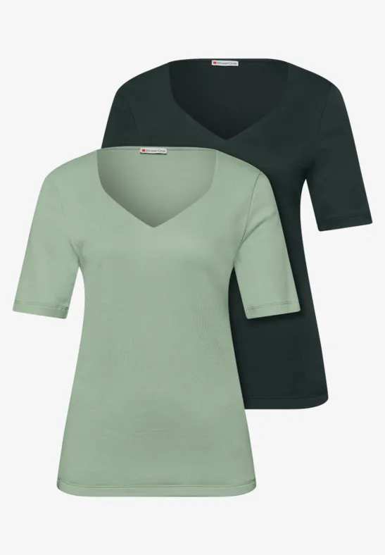 Street One Frauen T-Shirts mit Herzausschnitt im 2er-Pack in Multicolour|Grün, Gr: 36