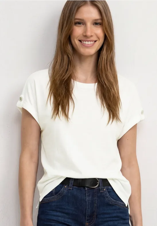 Street One Frauen T-Shirt mit Rundhals und Knopfdetails in Weiß, Gr: 42