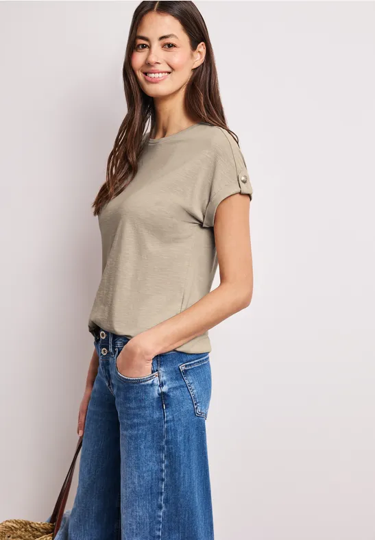 Street One Frauen T-Shirt mit Rundhals und Knopfdetails in Beige, Gr: 46