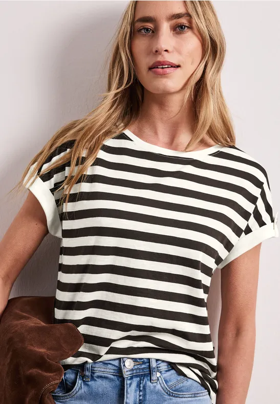 Street One Frauen T-Shirt mit Rundhals und Knopfdetail in Braun, Gr: 44
