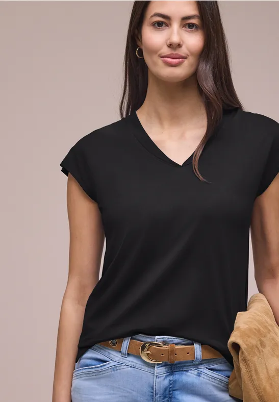 Street One Frauen Dropped Shoulder Shirt mit V-Neck in Schwarz, Gr: 42
