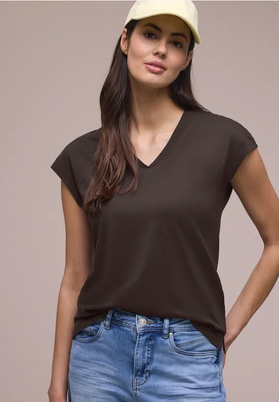 Street One Frauen Dropped Shoulder Shirt mit V-Neck in Braun, Gr: 34