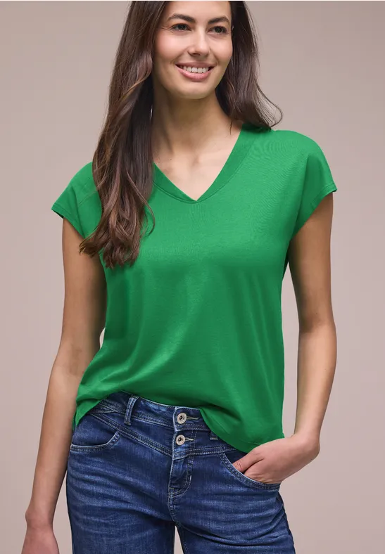 Street One Frauen Dropped Shoulder Shirt mit V-Neck in Grün, Gr: 34