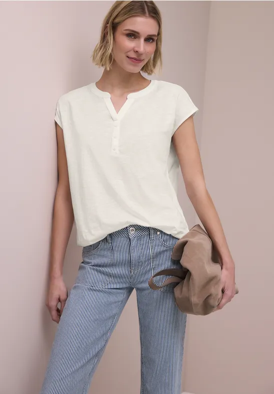 Street One Frauen Dropped Shoulder Shirt mit Split Neck in Weiß, Gr: 36