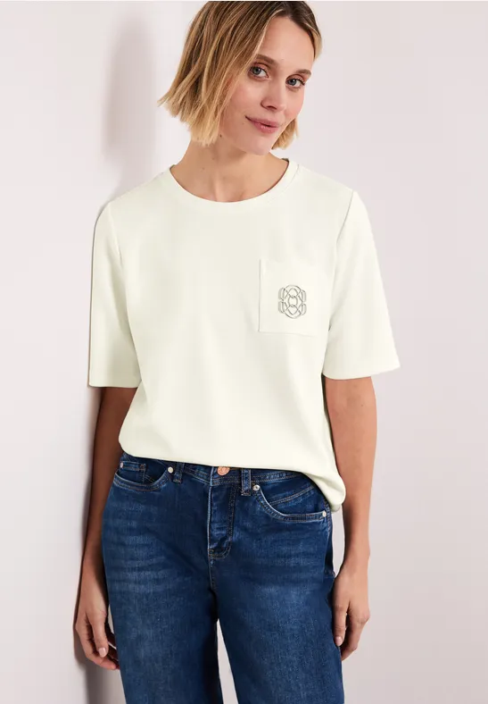 Street One Frauen T-Shirt mit Rundhals und Deko-Detail in Weiß, Gr: 34