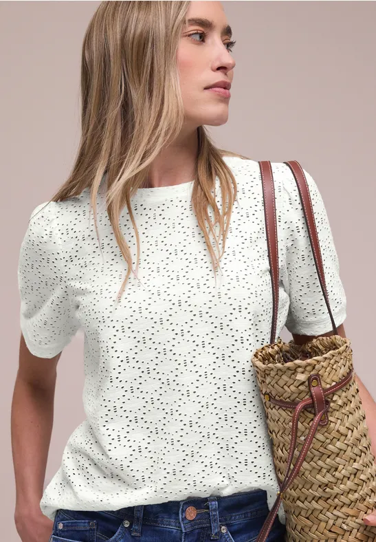 Street One Frauen Kurzarm Shirt mit Rundhals aus Spitze in Weiß, Gr: 38