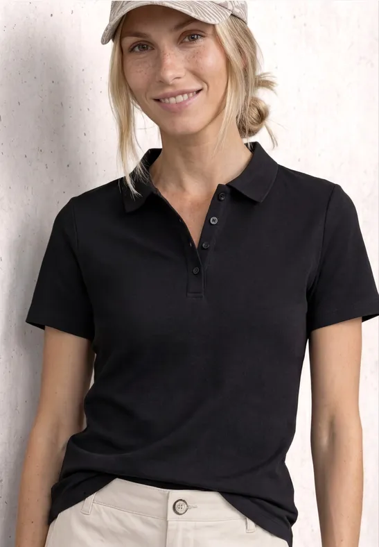 Street One Frauen Kurzarm Poloshirt in Rippstruktur in Schwarz, Gr: 34