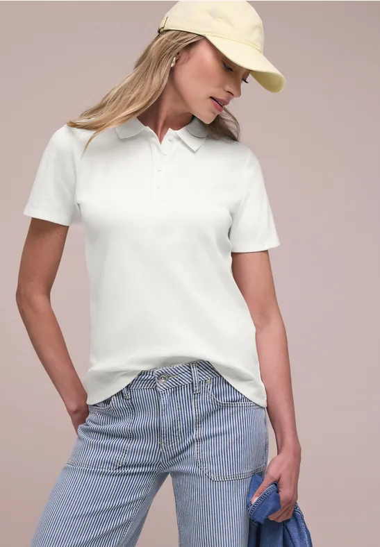 Street One Frauen Kurzarm Poloshirt in Rippstruktur in Weiß, Gr: 36