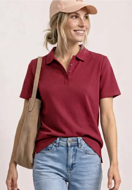 Street One Frauen Kurzarm Poloshirt in Rippstruktur in Rot, Gr: 42