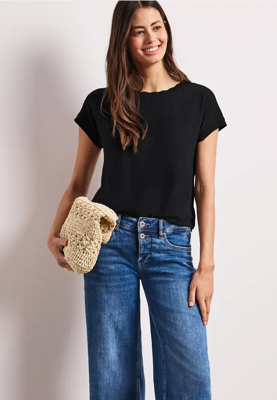 Street One Frauen T-Shirt mit Rundhals und Deko-Tape in Schwarz, Gr: 44