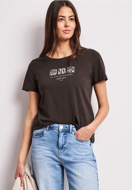 Street One Frauen Basic T-Shirt mit Rundhals und Print in Braun, Gr: 36