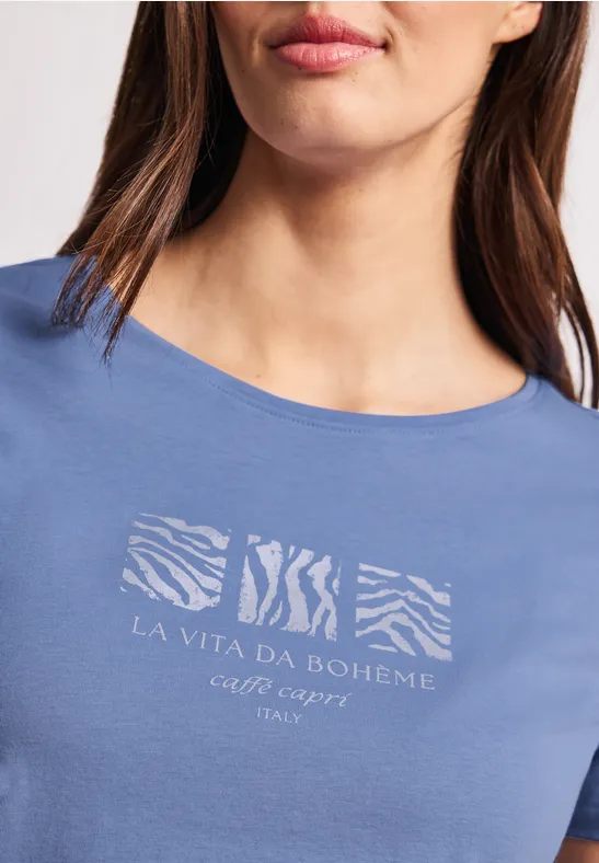 Street One Frauen Basic T-Shirt mit Rundhals und Print in Blau, Gr: 38