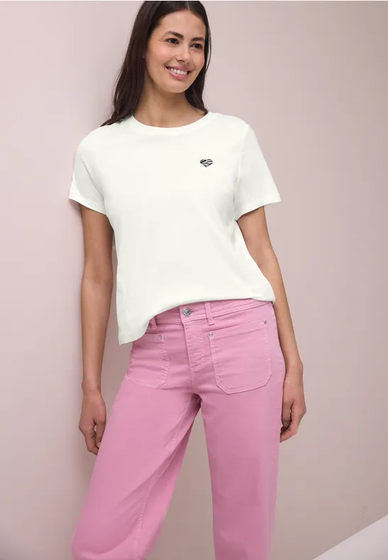 Street One Frauen T-Shirt mit Rundhals und Herzdetail in Weiß, Gr: 42