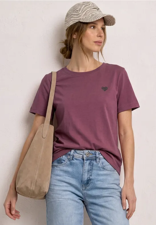 Street One Frauen T-Shirt mit Rundhals und Herzdetail in Rosa, Gr: 36