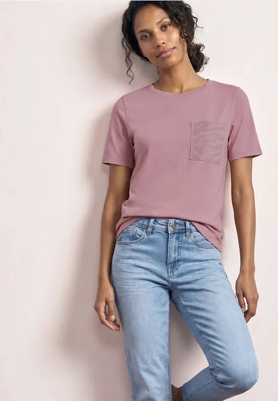 Street One Frauen Shirt mit Rundhals und Schmucksteinen in Rosa, Gr: 38