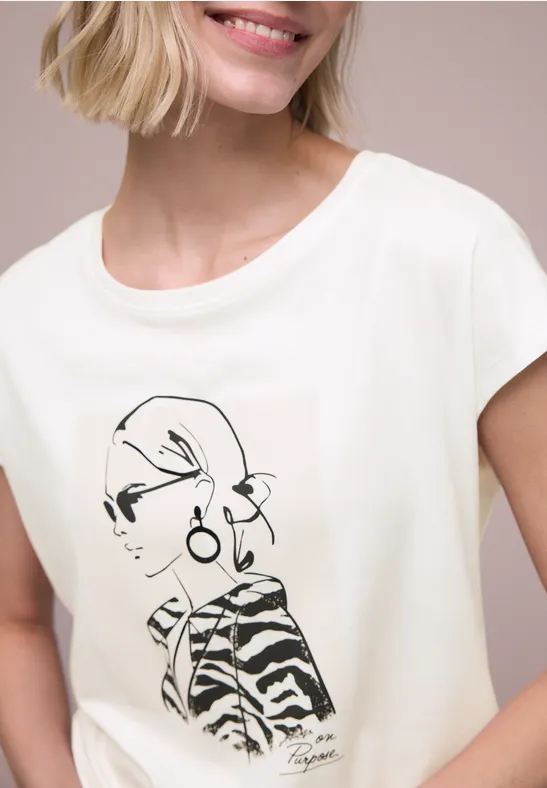 Street One Frauen Dropped Shoulder Shirt mit Print in Weiß, Gr: 36