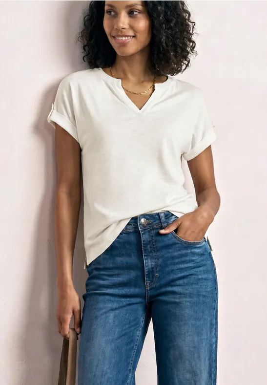Street One Femme T-shirt avec split neck et détails de boutons in Blanc, in size: 34