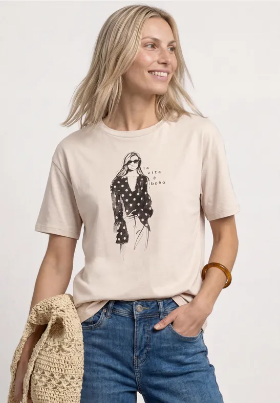 Street One Frauen T-Shirt mit Rundhals und Print in Beige, Gr: 34