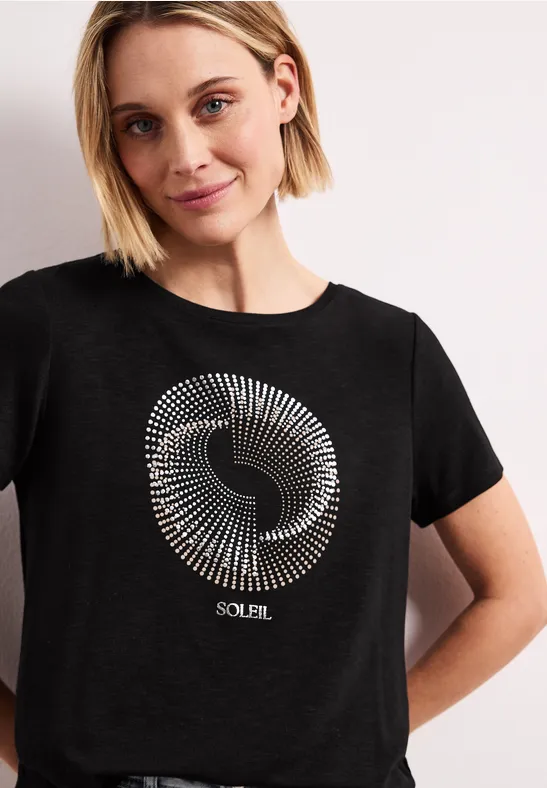 Kurzarm Shirt mit Rundhals und Print female Schwarz