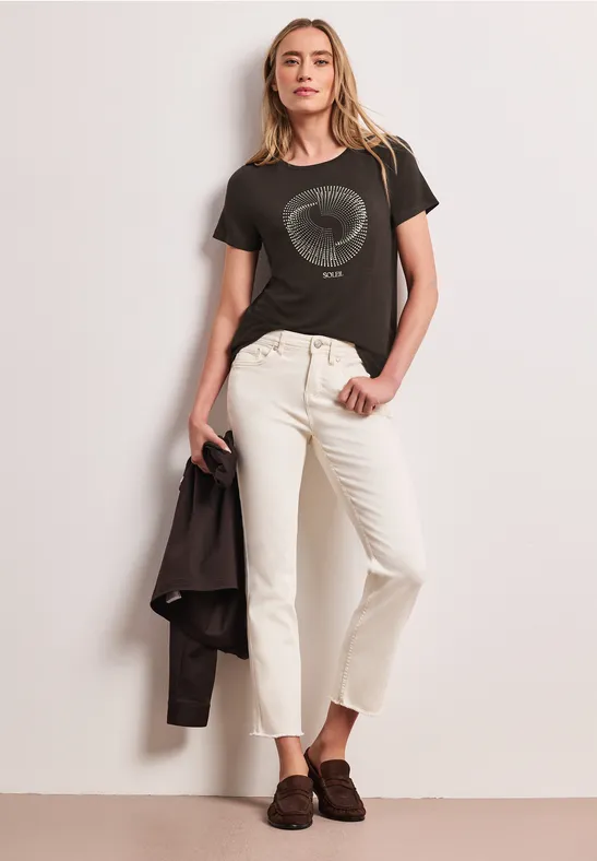 Kurzarm Shirt mit Rundhals und Print female Braun
