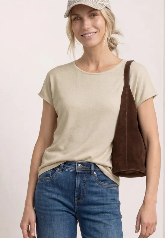 Street One Frauen Kurzarm Shirt mit U-Boot-Ausschnitt in Beige, Gr: 34