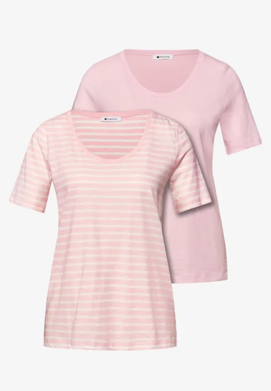 Street One Frauen T-Shirts mit rounded V-Neck im 2er-Pack in Rosa, Gr: 44
