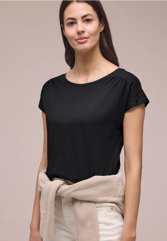Street One Frauen Shirt mit Rundhals und Raffung in Schwarz, Gr: 44
