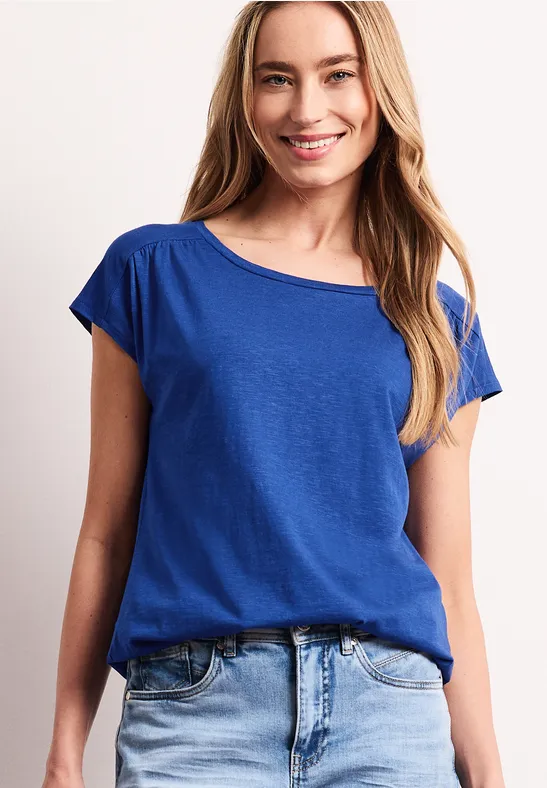 Street One Femme T-shirt à col rond et fronces in Bleu, in size: 34