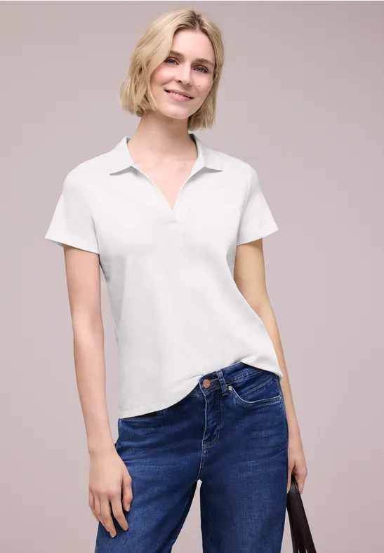Kurzarm Poloshirt mit Split Neck Weiß
